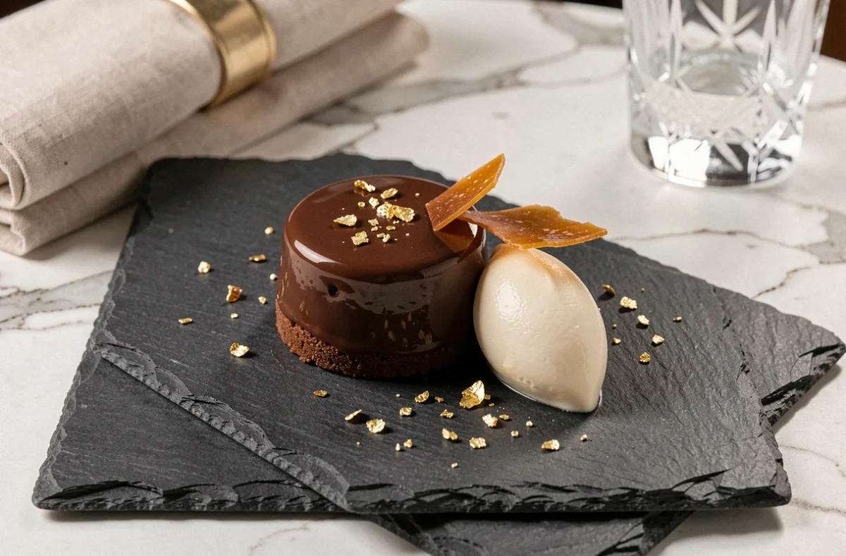 Dessert gastronomique au chocolat dressé sur ardoise dans un restaurant chic de Paris, avec feuilles d'or et tuile caramel