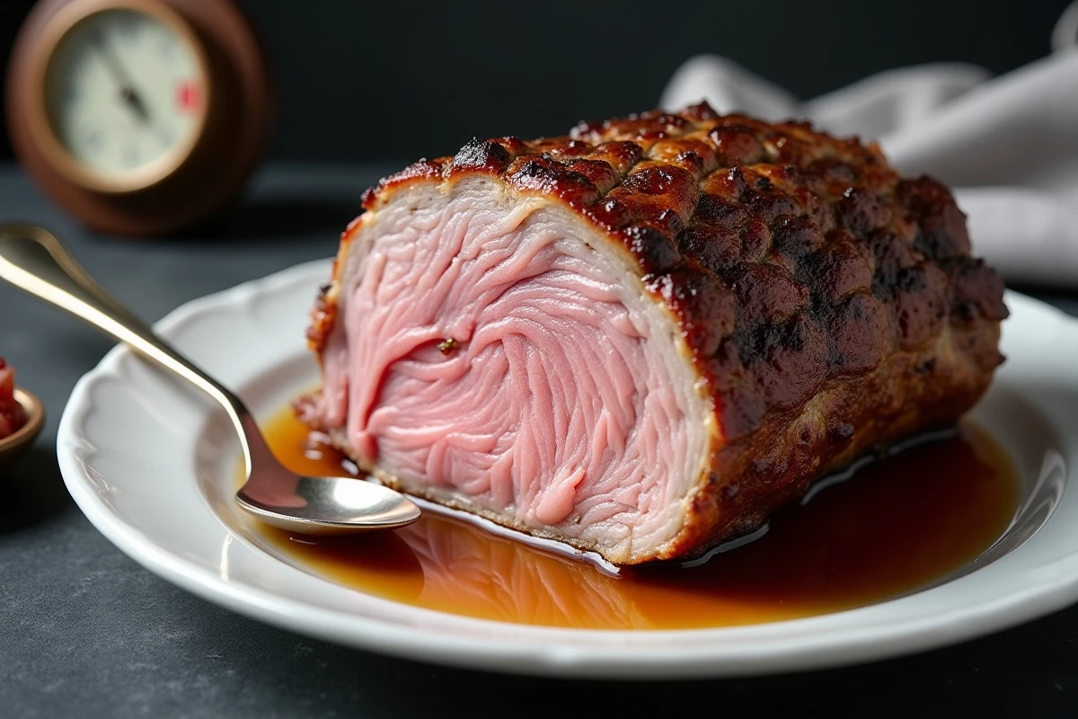 Gros plan sur les fibres tendres d'une épaule d'agneau confite basse température tranchée, avec jus de cuisson ambré