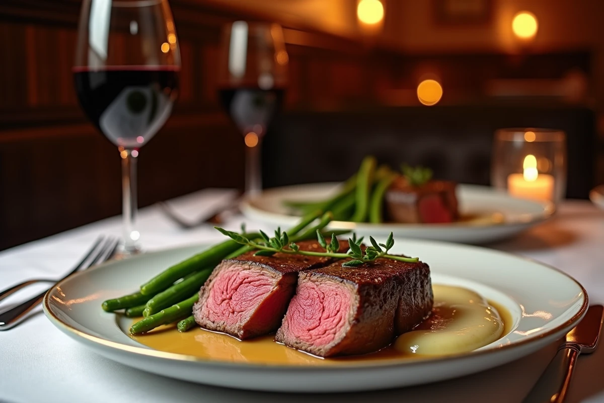 Dîner élégant avec deux filets mignons tranchés sauce moutarde échalotes sur table de bistro français avec vin rouge