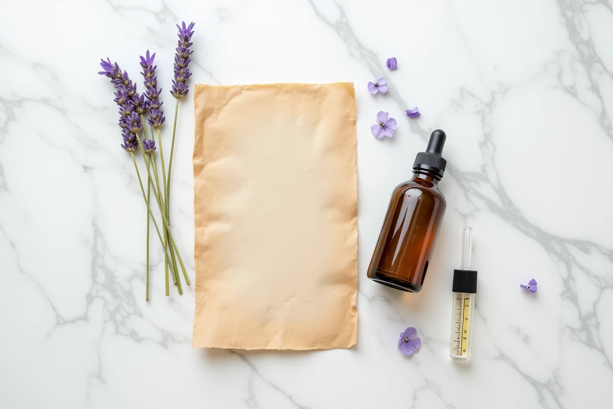 Vue de dessus d'une bouteille de 100ml, d'un cylindre gradué en cl et d'ingrédients naturels pour cosmétiques faits maison sur marbre blanc