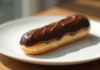 Éclair au chocolat sur assiette blanche en gros plan