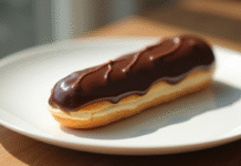 Éclair au chocolat sur assiette blanche en gros plan
