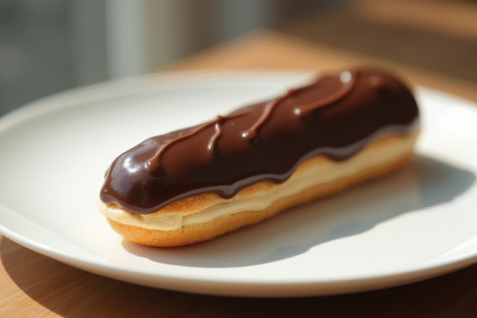 Éclair au chocolat sur assiette blanche en gros plan