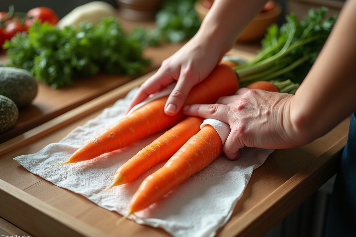 Mains enveloppant des carottes dans un essuie-tout humide sur le plan de travail
