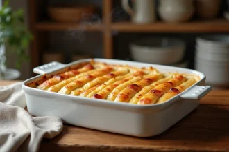 Plat d'endives au jambon gratinées avec sauce béchamel dorée dans un plat en céramique blanche sur une table en bois rustique