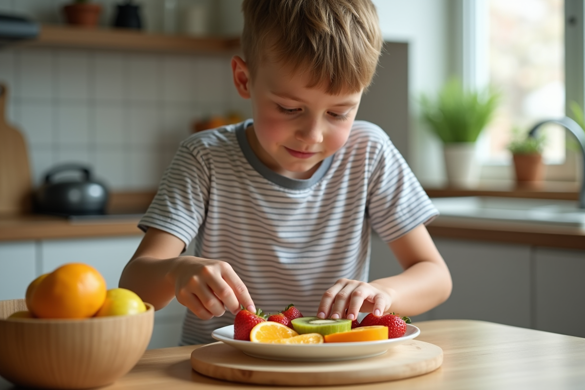 Jeune garçon disposant des tranches de fruit dans la cuisine