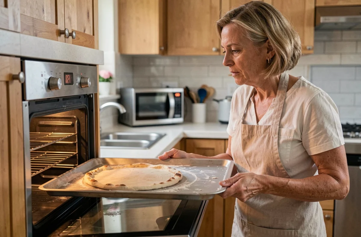 Femme enfournant une pizza maison dans un four domestique réglé à 200 degrés pour une cuisson croustillante