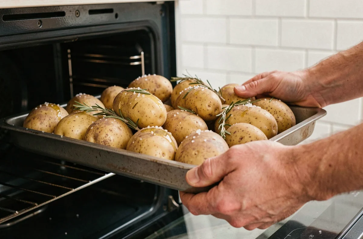 Mains enfournant un plateau de pommes de terre entières non pelées dans un four domestique, recouvertes d'huile d'olive et de fleur de sel
