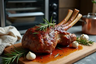Épaule d'agneau confite basse température sur planche en bois rustique avec romarin et ail, cuite au four vapeur