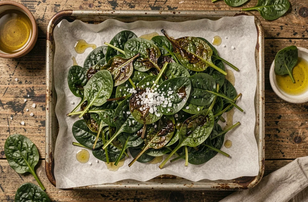 Vue de dessus d'une plaque de cuisson avec des épinards rôtis croustillants assaisonnés de fleur de sel et d'huile d'olive