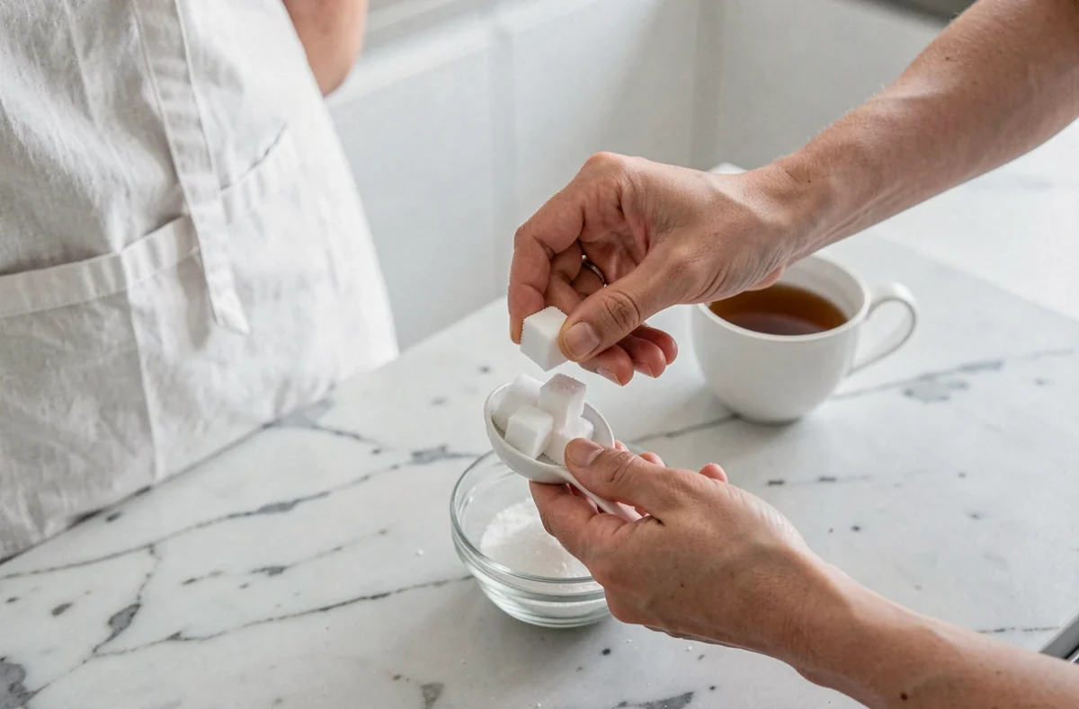 Femme mesurant des morceaux de sucre dans une cuillère à café au-dessus d'un bol en céramique, cuisine moderne et minimaliste