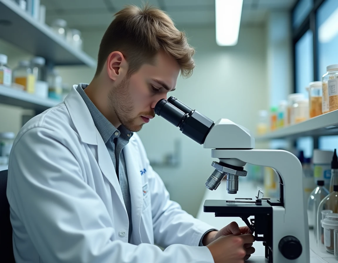 Étudiant en sciences de la santé examinant une lame au microscope dans un laboratoire de pathologie universitaire, en lien avec l'étude des processus d'autolyse cellulaire