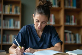 Étudiante en médecine annotant des manuels d'anatomie et de biochimie dans une bibliothèque universitaire, symbolisant l'apprentissage des autolyses en santé