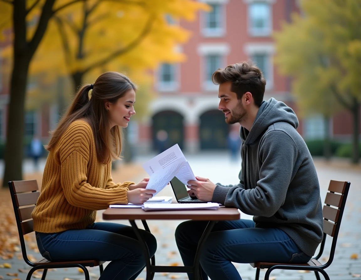 Deux étudiants en santé révisant ensemble des cours sur l'autolyse cellulaire en terrasse d'un campus universitaire à l'automne