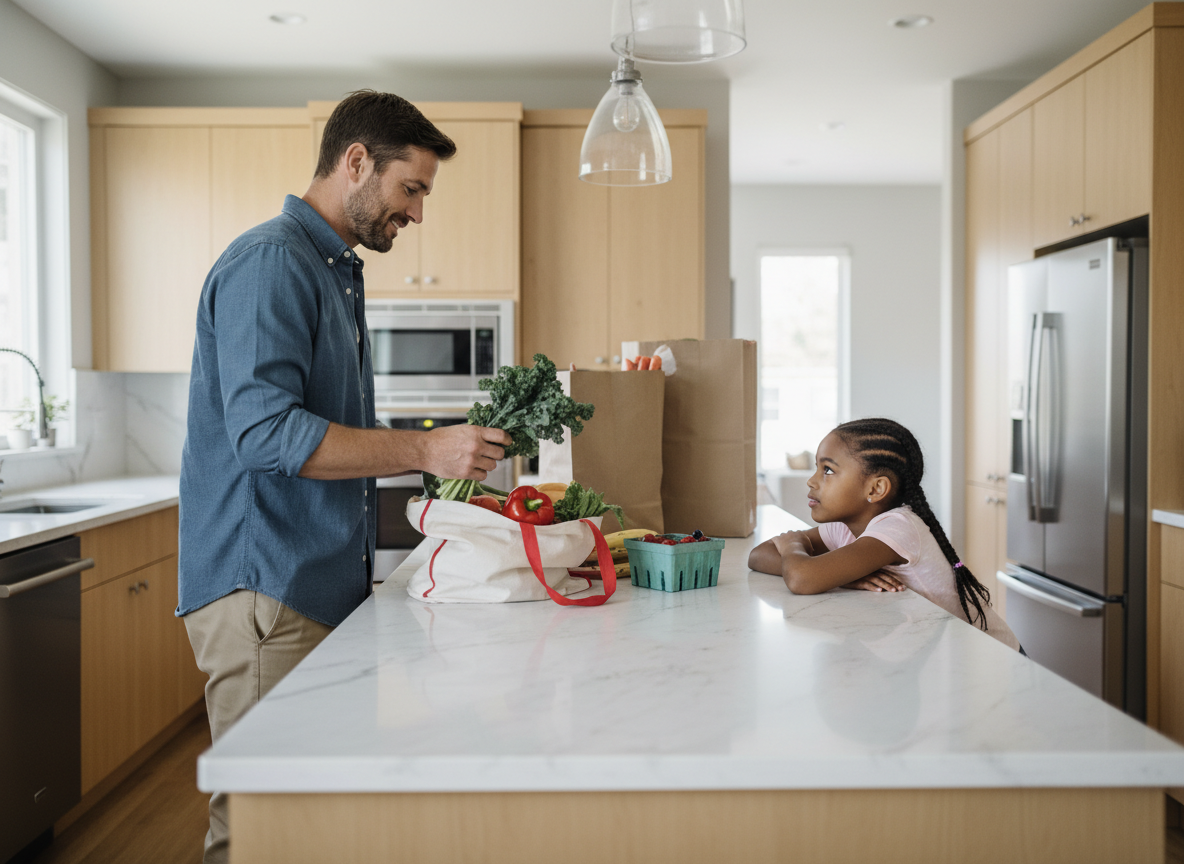 Père et fille déballant des légumes dans la cuisine