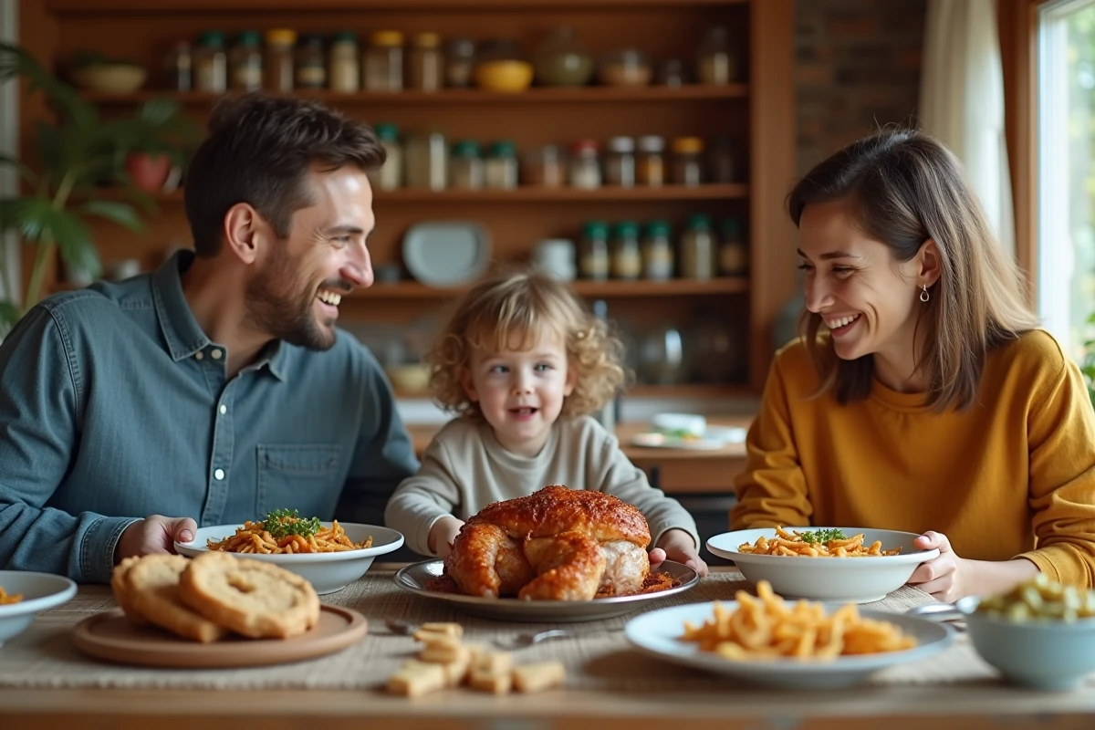 Famille autour d une table partageant un repas de porc rôti