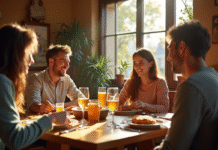Famille souriante dégustant un repas breton à Rennes