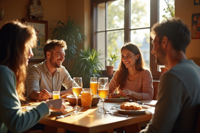 Famille souriante dégustant un repas breton à Rennes