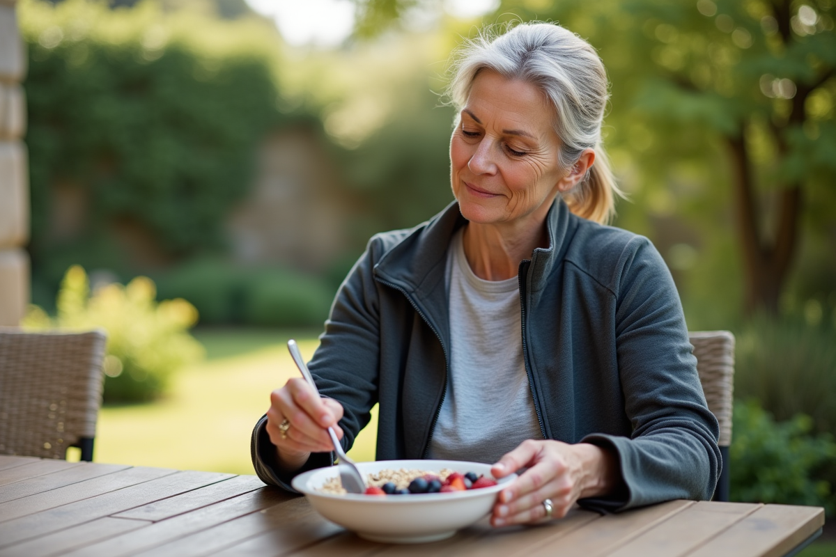 Femme active de 50 ans préparant un bol de petit déjeuner en extérieur