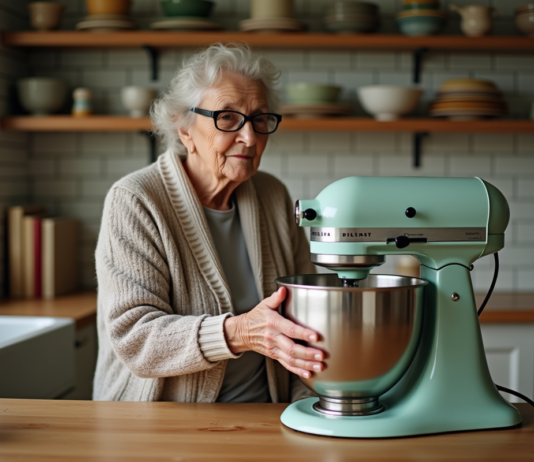Femme âgée touchant un mixeur ancien dans la cuisine chaleureuse