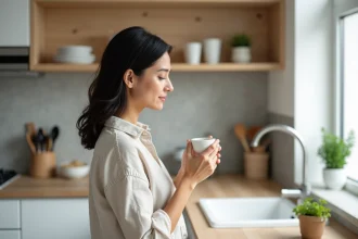 Femme tenant une tasse de café espresso éthique dans une cuisine moderne, illustrant la dégustation de capsules compatibles Nespresso responsables