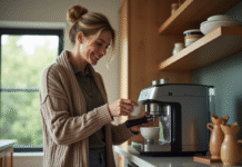 Machine à café peu bruyante : quel modèle choisir pour un quotidien silencieux ? Femme dans une cuisine moderne versant du cafe