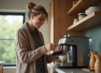 Femme dans une cuisine moderne versant du cafe