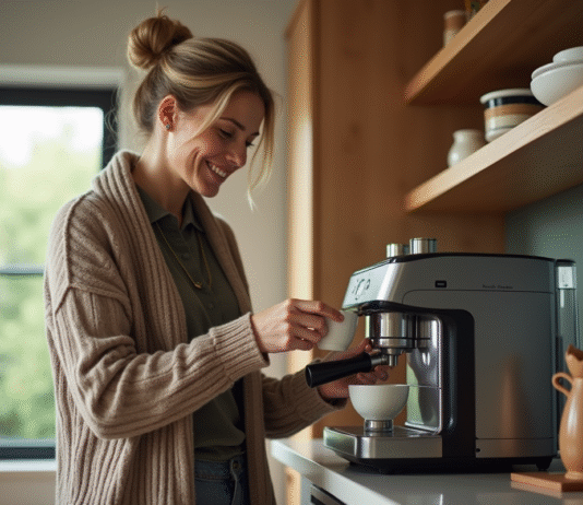 Femme dans une cuisine moderne versant du cafe