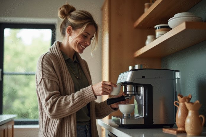Femme dans une cuisine moderne versant du cafe