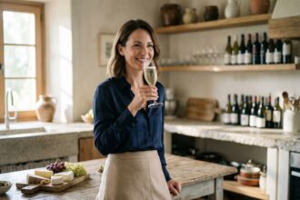Femme souriante tenant une flute de champagne dans une cuisine rustique