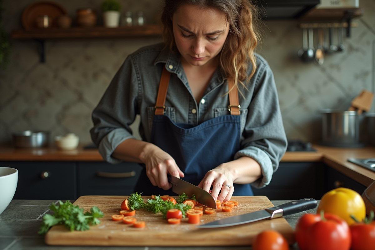Jeune femme coupant des légumes sur une planche endommagée