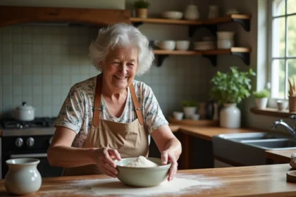 Femme âgée tamise de la farine d'amande dans la cuisine
