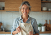 Femme souriante portant un tablier en coton dans une cuisine lumineuse