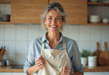 Femme souriante portant un tablier en coton dans une cuisine lumineuse