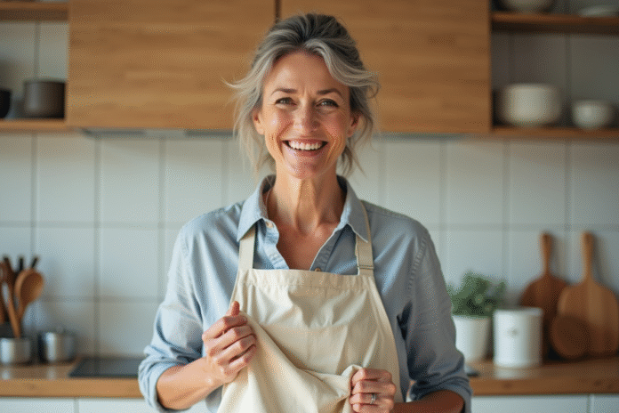femme-cuisine-apron-naturel Femme souriante portant un tablier en coton dans une cuisine lumineuse
