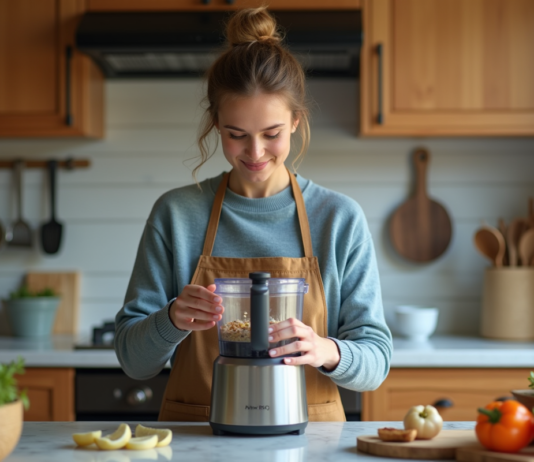 Fonctions robot cuisine : bien utiliser appareil culinaire creatif Femme en cuisine assemble ingrédients dans un robot moderne