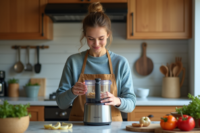 Femme en cuisine assemble ingrédients dans un robot moderne