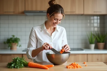 Femme souriante râpant des carottes dans la cuisine