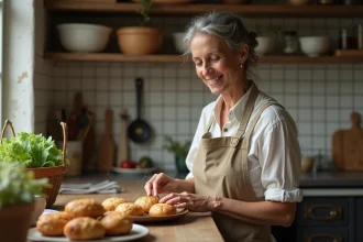 Femme française dans la cuisine préparant des choux farcis