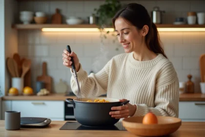 Femme en cuisine préparant une fondue de poireaux avec Cookeo