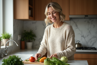 Femme d'âge moyen coupe des légumes dans une cuisine chaleureuse