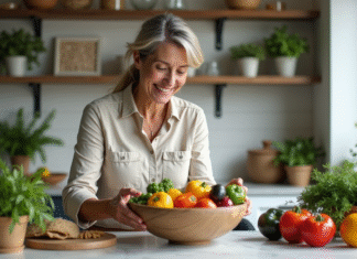 Femme souriante préparant des légumes frais dans la cuisine