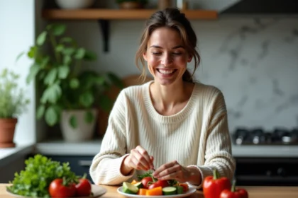 Femme souriante préparant des légumes frais dans la cuisine