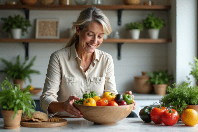 femme-cuisine-legumes-frais Femme souriante préparant des légumes frais dans la cuisine