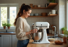 Jeune femme cuisine avec un batteur sur un plan de travail en bois