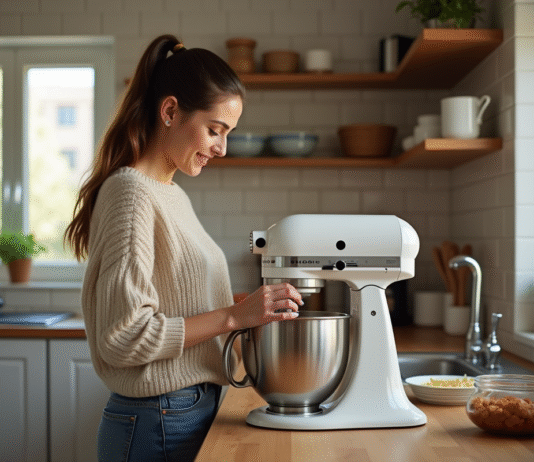 Jeune femme cuisine avec un batteur sur un plan de travail en bois