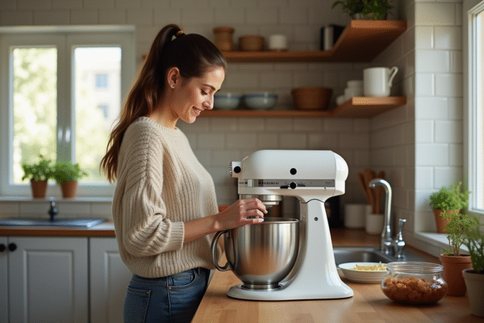 Jeune femme cuisine avec un batteur sur un plan de travail en bois