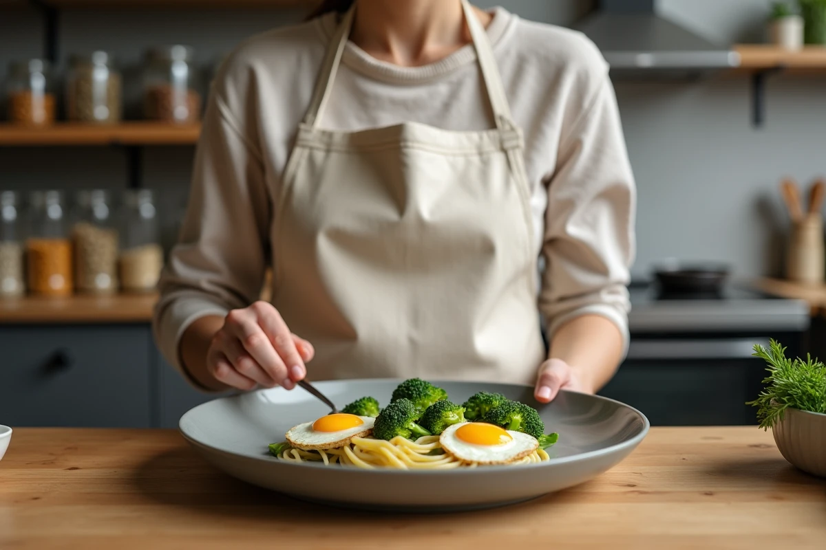Femme préparant une assiette équilibrée avec œufs au plat, légumes et pâtes dans une cuisine moderne