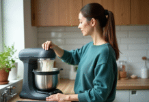 Utiliser de la farine dans un robot à soupe : conseils et astuces Femme versant de la farine dans un robot soupe moderne