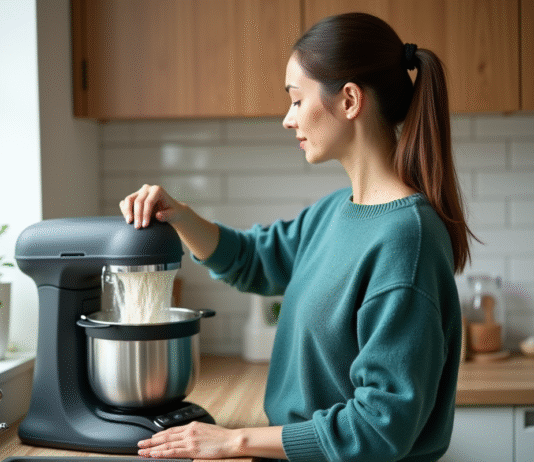 Utiliser de la farine dans un robot à soupe : conseils et astuces Femme versant de la farine dans un robot soupe moderne